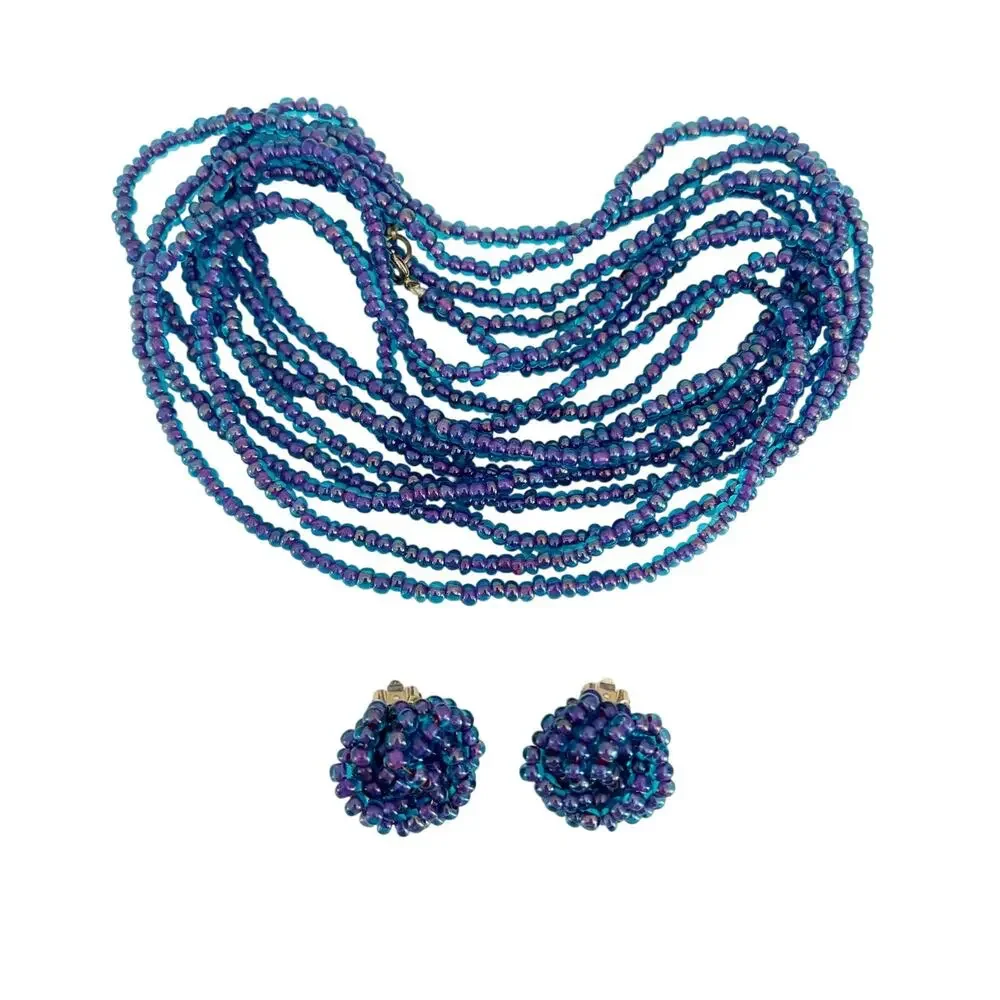 Vintage Marvella Clip Earring and Double Necklace Set Blue Seed Bead